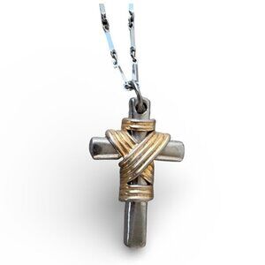Two Tone Cross Necklace Silver Pendant Gold Wrap Long Chain Faith Jewelry